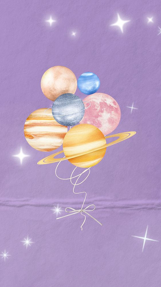 Space balloons mobile wallpaper, purple sparkly background