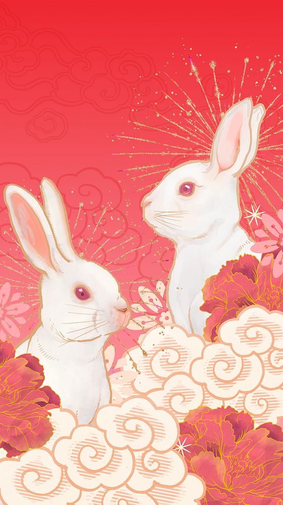 Rabbit New Year phone wallpaper, Chinese background