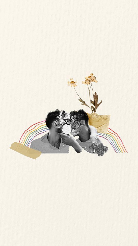 Gay couple kissing phone wallpaper, LGBTQ community background
