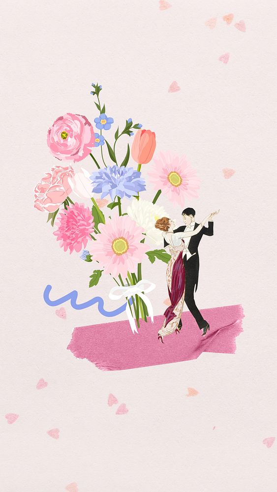 Aesthetic flower bouquet mobile wallpaper, couple dancing illustration