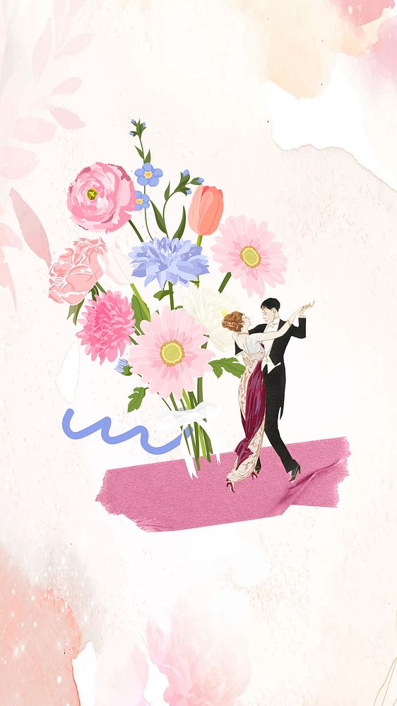 Aesthetic flower bouquet mobile wallpaper, couple dancing illustration