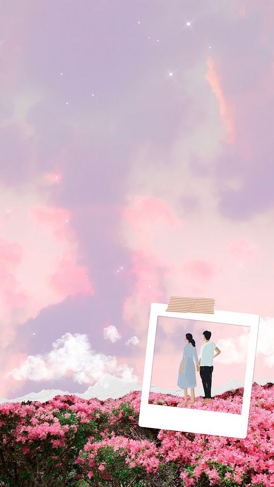 Aesthetic couple dreamscape phone wallpaper, pink sky background