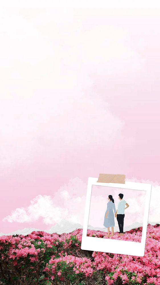 Aesthetic couple dreamscape phone wallpaper, pink sky background