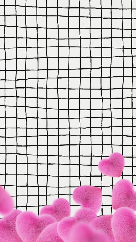 Distorted grid pattern iPhone wallpaper, furry hearts border background