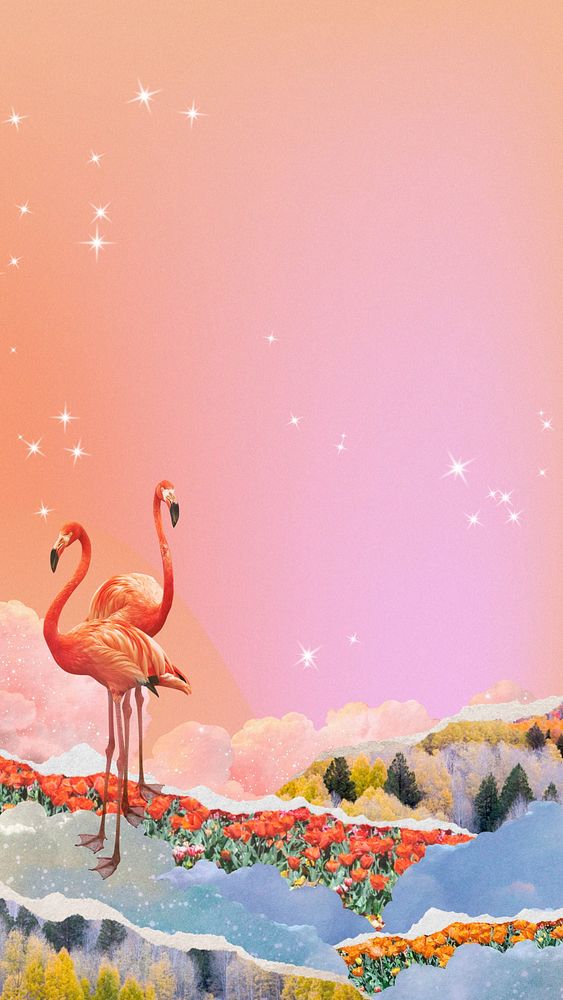 Dreamy flamingo iPhone wallpaper, surreal ripped paper border