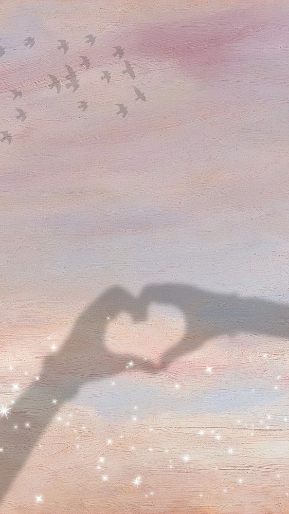 Dreamy heart hands iPhone wallpaper, aesthetic glittery sky background