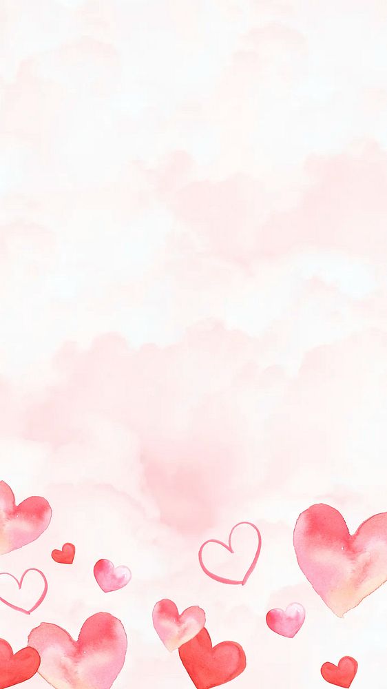 Pink clouds iPhone wallpaper, watercolor hearts border background