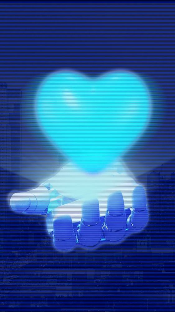 Blue heart in robot hand phone wallpaper, digital remix