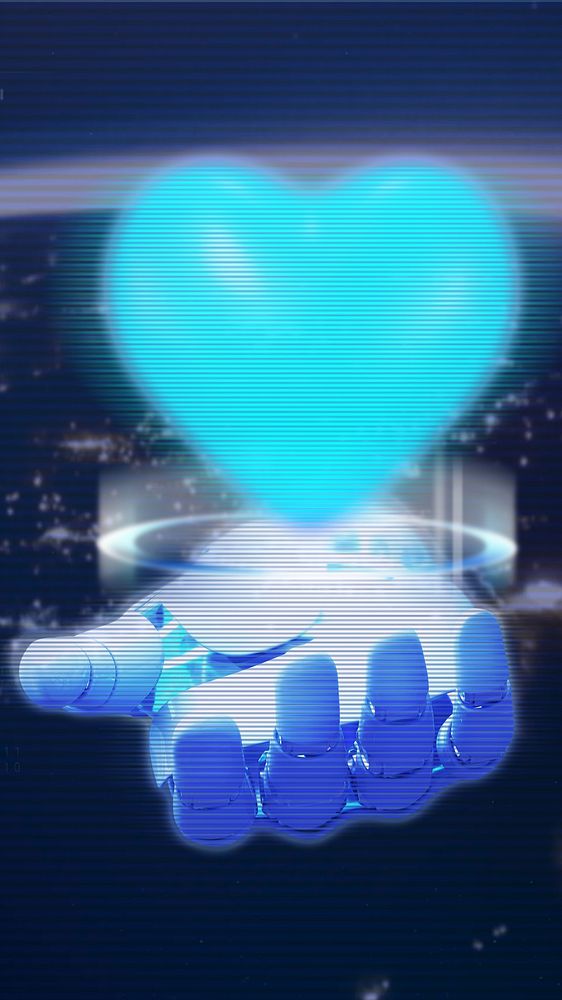 Blue heart in robot hand phone wallpaper, digital remix