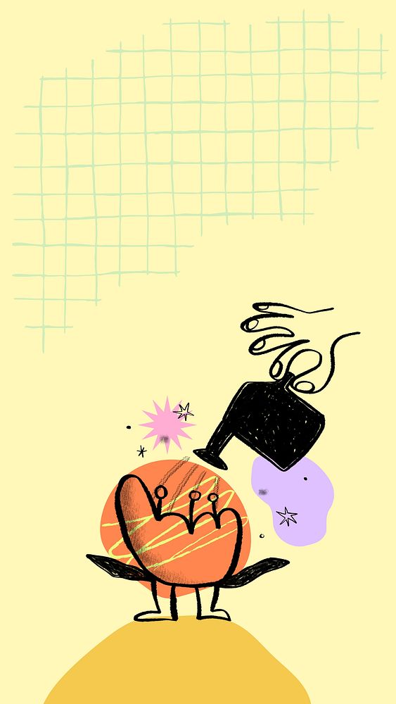 Hand watering flower phone wallpaper, cute doodle background