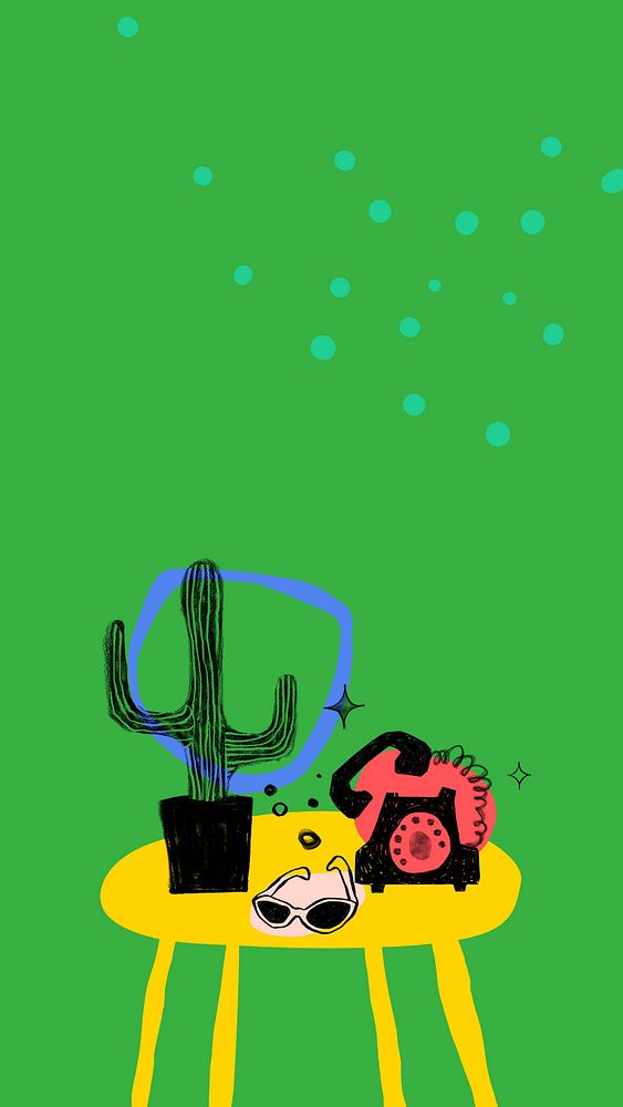Cute cactus doodle mobile wallpaper, green background