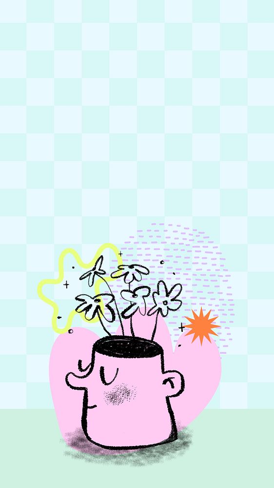 Self-growth doodle mobile wallpaper, head growing flowers background