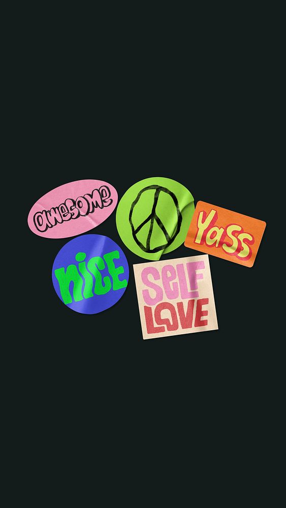 Self-love typography badges mobile wallpaper, cute doodle background