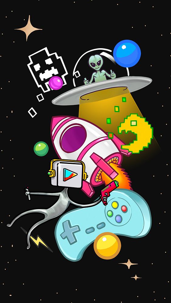 Funky space gaming mobile wallpaper, alien cartoon background