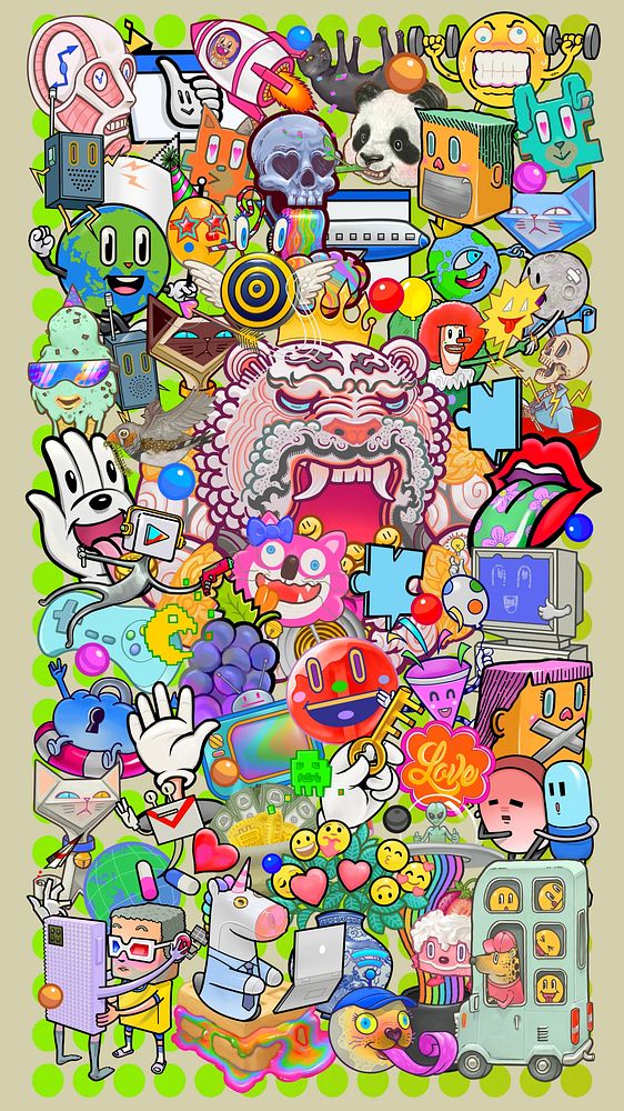 Funky abstract cartoon iPhone wallpaper, colorful chaotic illustration