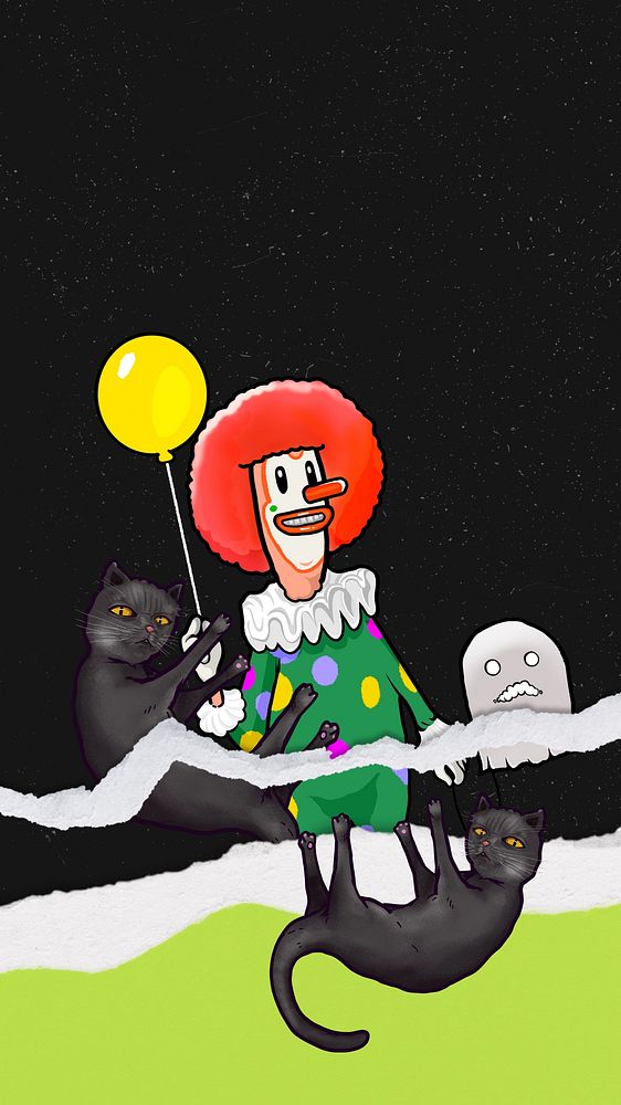 Funky clown balloon phone wallpaper, black cats background