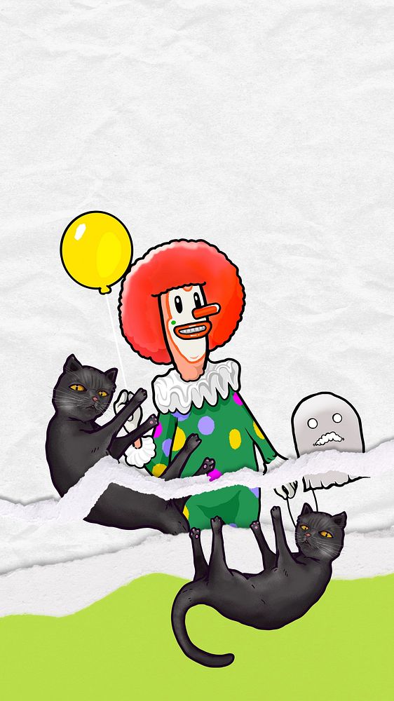 Funky clown balloon phone wallpaper, black cats background