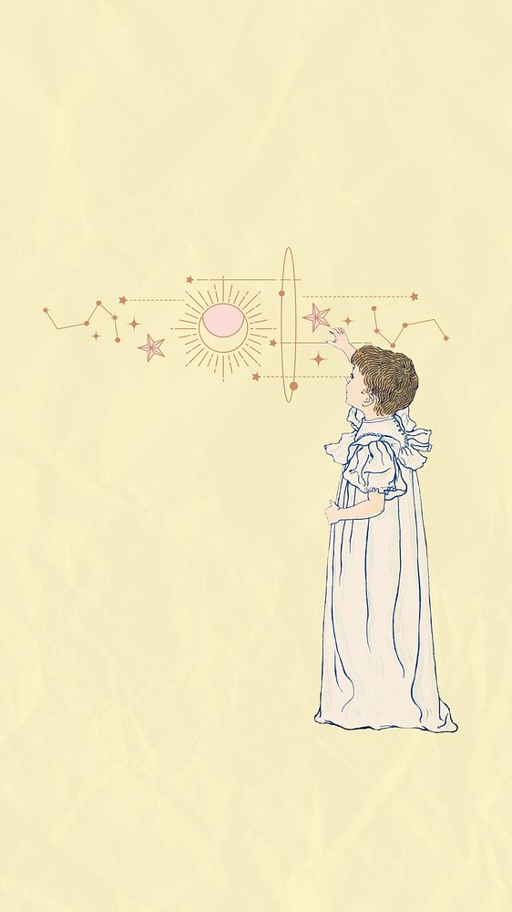 Vintage celestial stars mobile wallpaper, little kid illustration, remixed by rawpixel