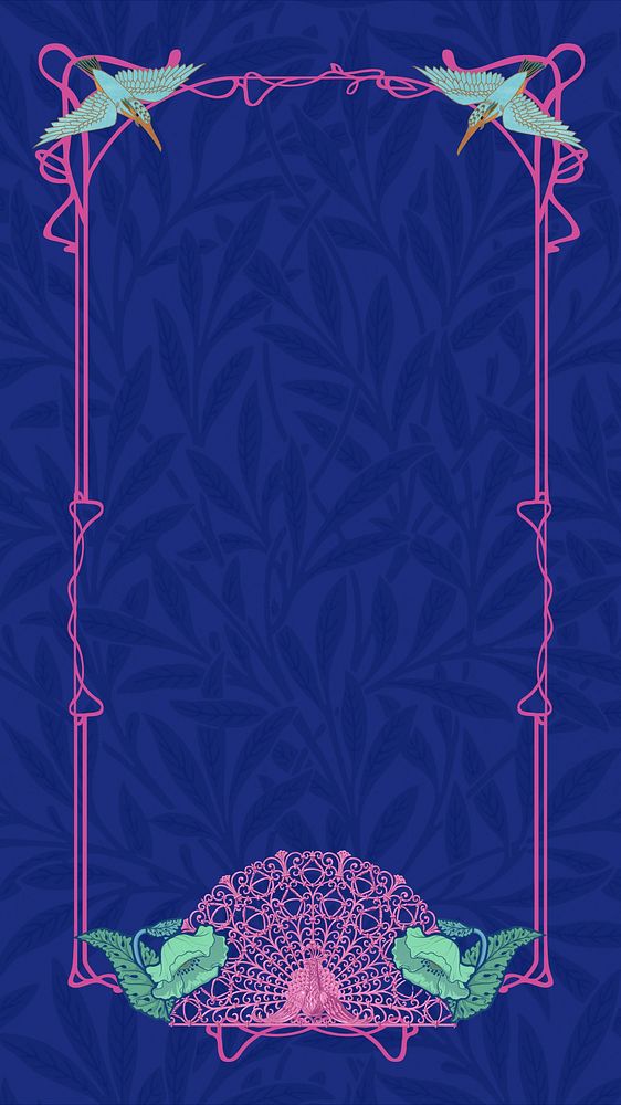 Blue leaf patterned iPhone wallpaper, pink ornamental frame, remixed from the artwork of William Morris
