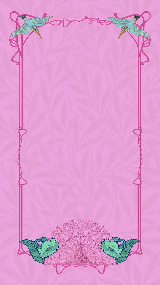 Pink ornament frame mobile wallpaper, leafy patterned background, remixed by rawpixel
