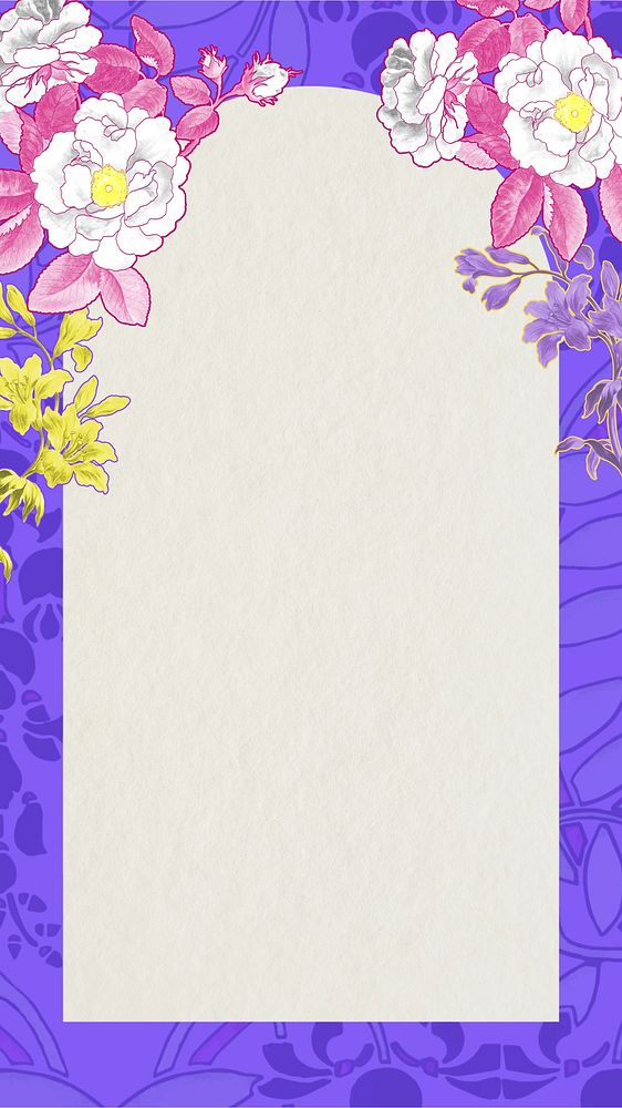 Purple floral frame phone wallpaper, vintage botanical illustration, remixed by rawpixel