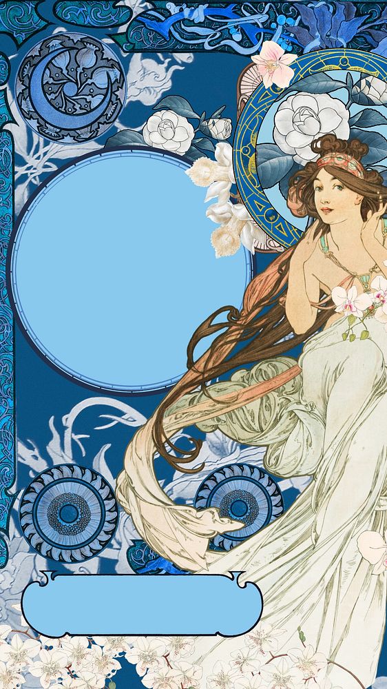 Blue celestial goddess phone wallpaper, Alphonse Mucha's famous artwork, remixed by rawpixel