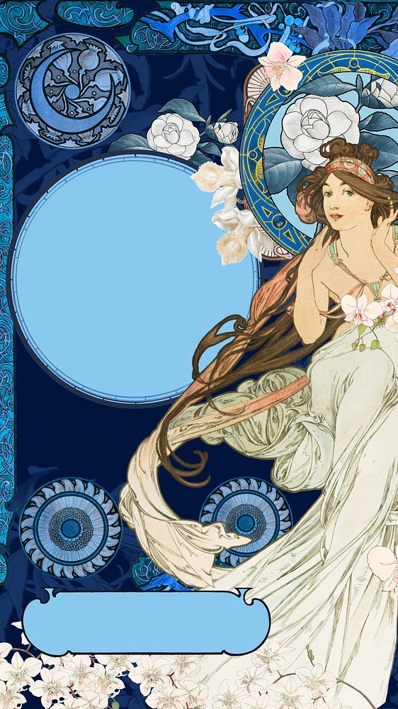 Blue celestial goddess phone wallpaper, Alphonse Mucha's famous artwork, remixed by rawpixel