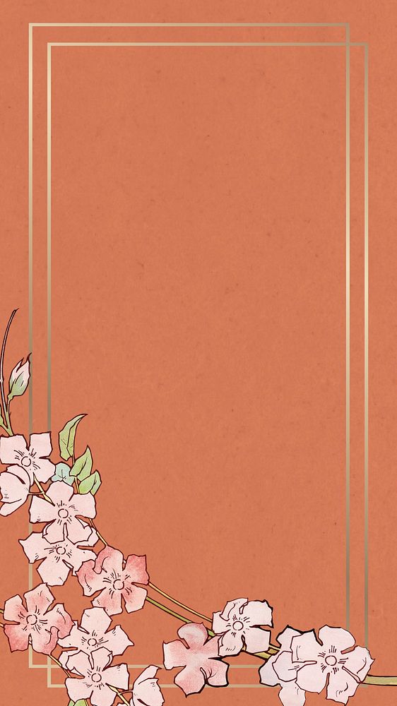 Brown flower frame iPhone wallpaper, orange textured background, remixed by rawpixel