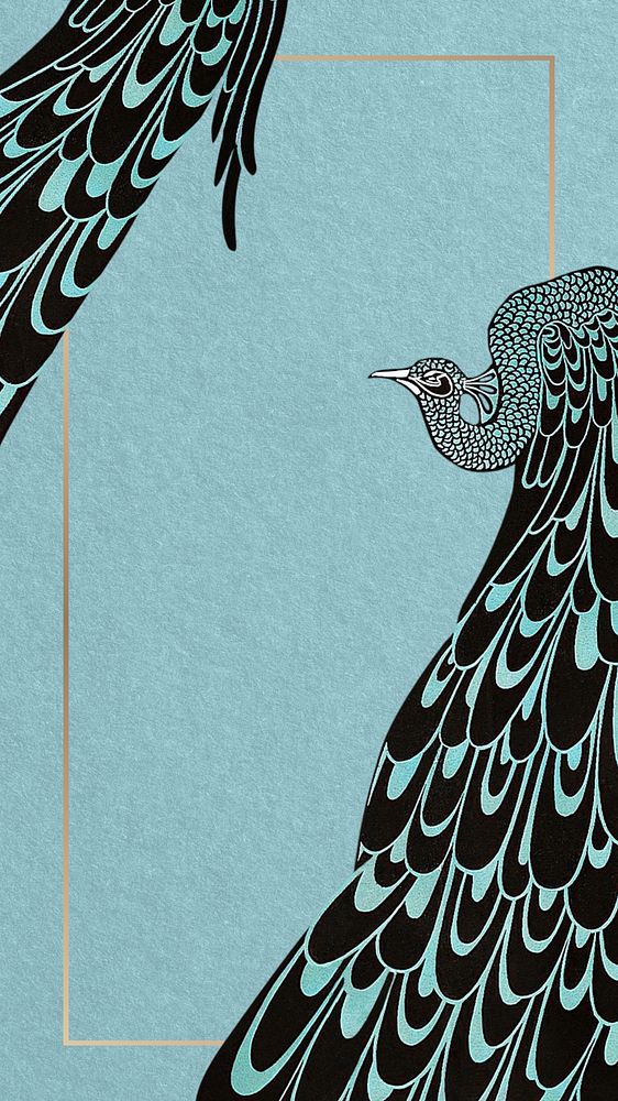 Blue iPhone wallpaper, black peacock border illustration, remixed by rawpixel