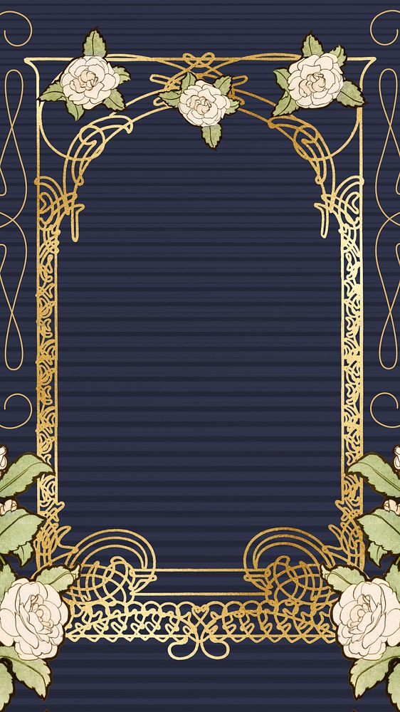 Floral ornament frame phone wallpaper, gold luxury design, remixed by rawpixel