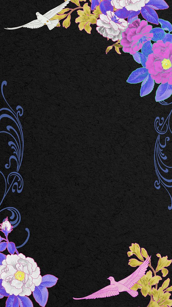 Black floral iPhone wallpaper, nature illustration, remixed by rawpixel