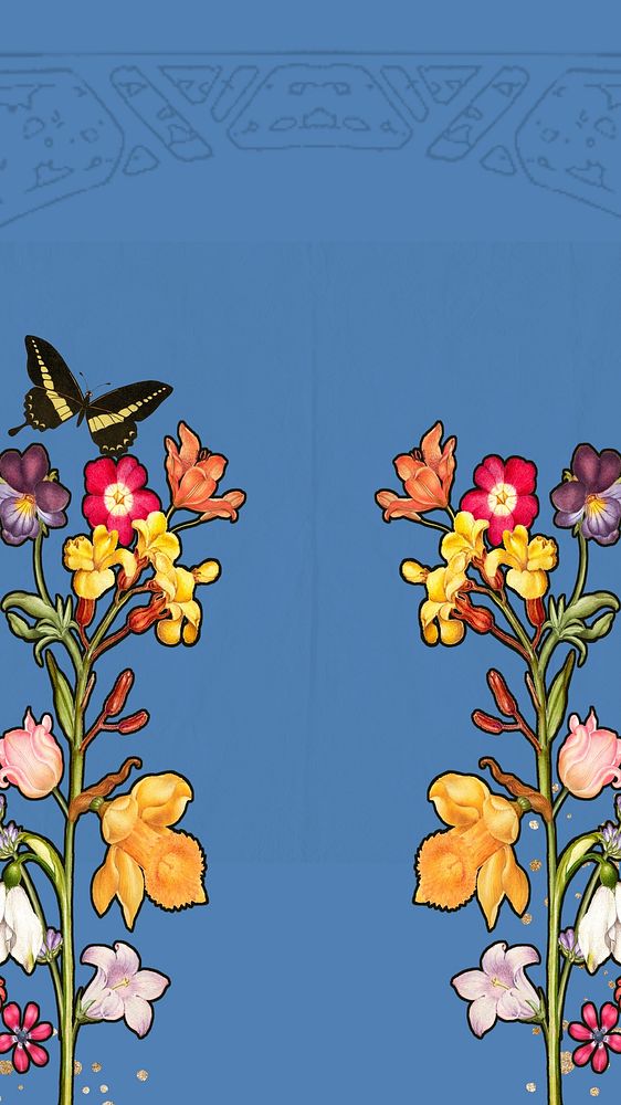 Blue iPhone wallpaper, vintage flower border, remixed by rawpixel
