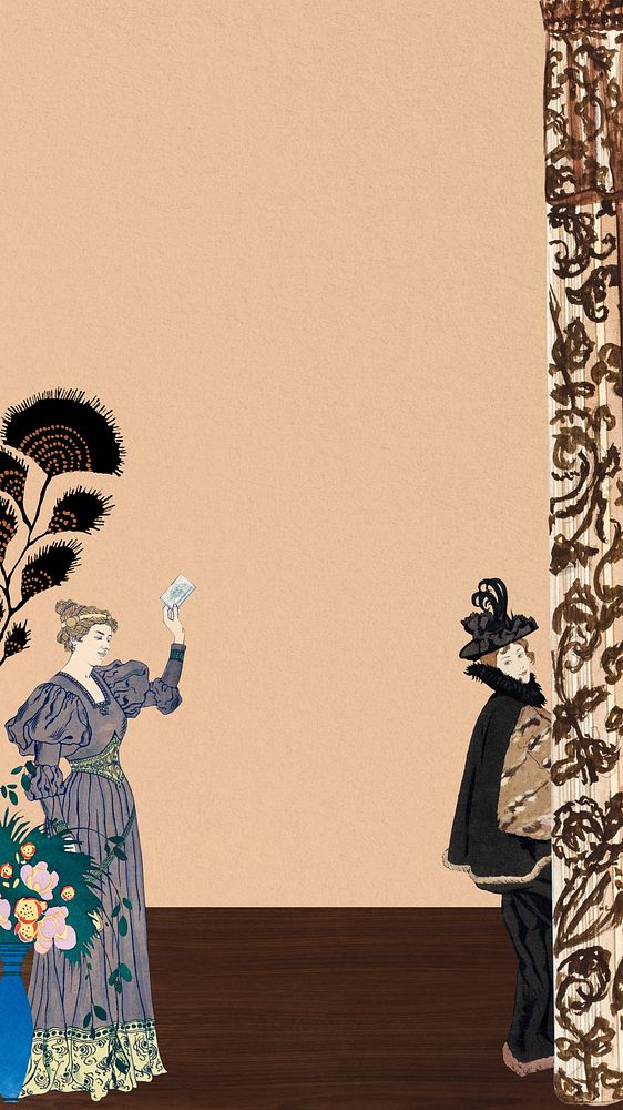Vintage Victorian women iPhone wallpaper, floral border background, remixed by rawpixel