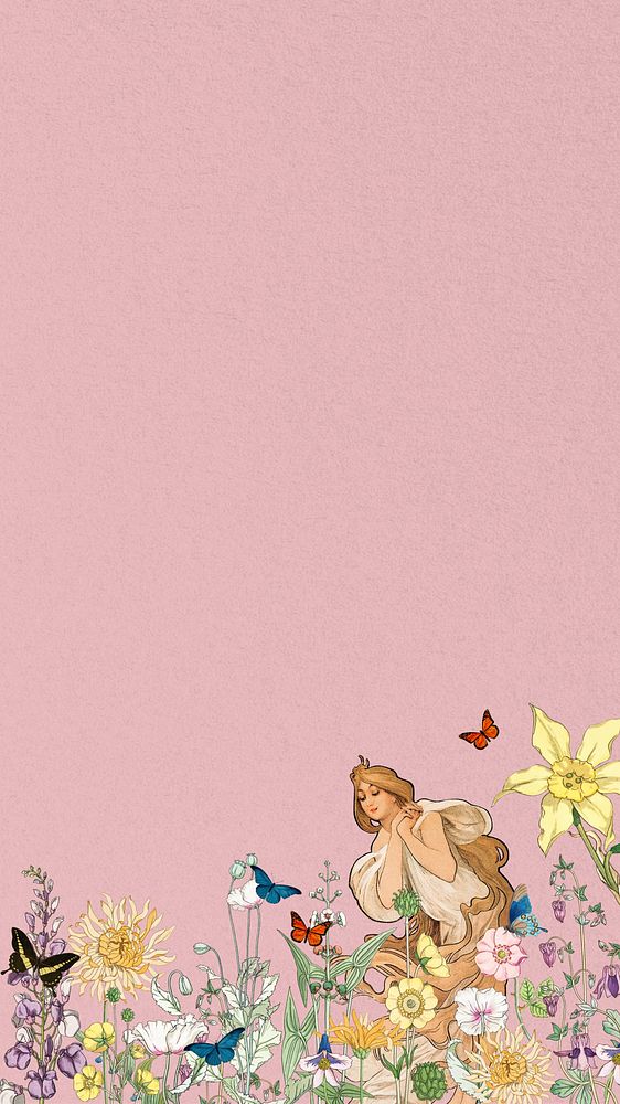 Pink flower border iPhone wallpaper, art nouveau lady, remixed from the artwork of Alphonse Mucha