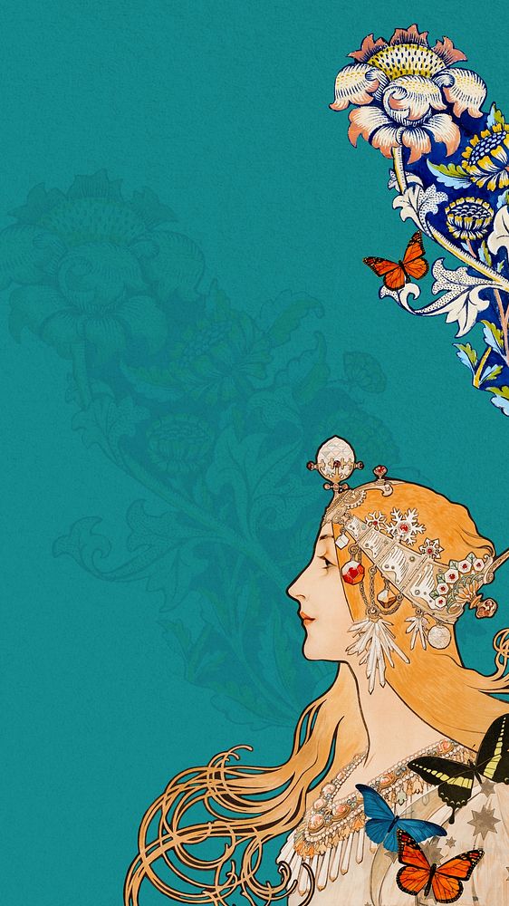 Alphonse Mucha's Zodiac iPhone wallpaper, vintage woman background, remixed by rawpixel