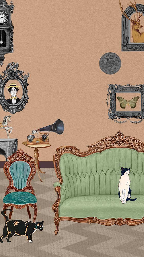 Vintage living room iPhone wallpaper, cats in a house drawing, remixed by rawpixel