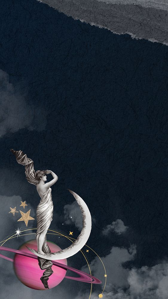 Art Nouveau dark iPhone wallpaper, statue on Saturn, remixed by rawpixel