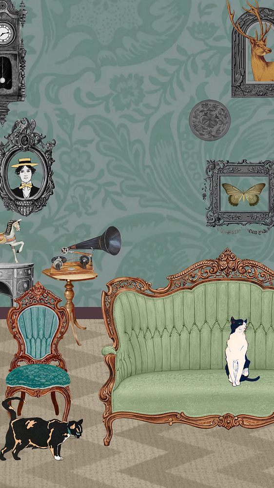Art Nouveau iPhone wallpaper, cats in living room drawing, remixed by rawpixel
