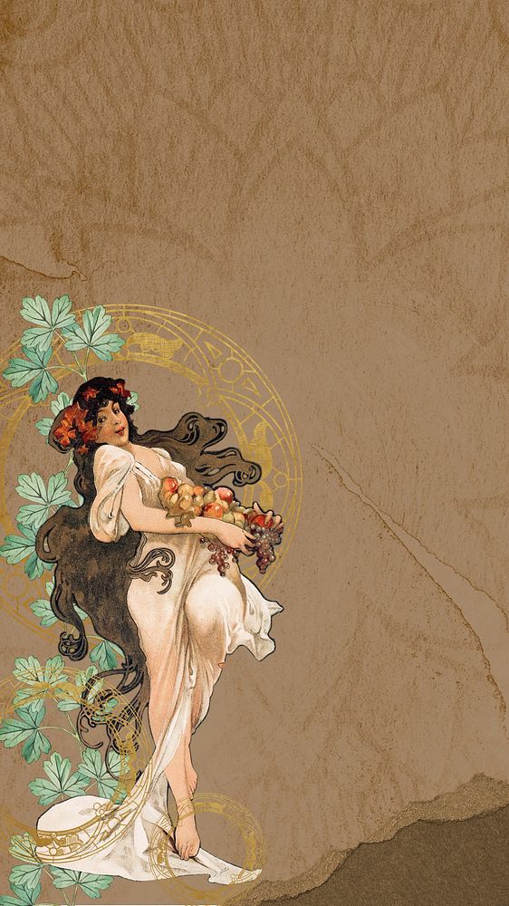Vintage floral woman phone wallpaper, remixed from the artwork of Alphonse Mucha