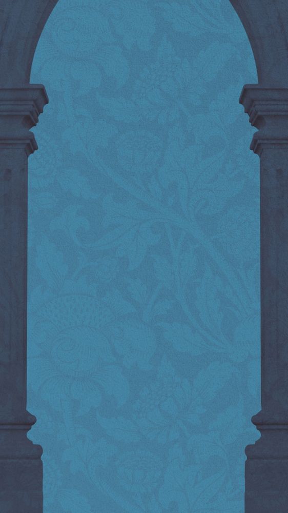 Blue iPhone wallpaper, arch pillar frame, William Morris' flower patterned background, remixed by rawpixel