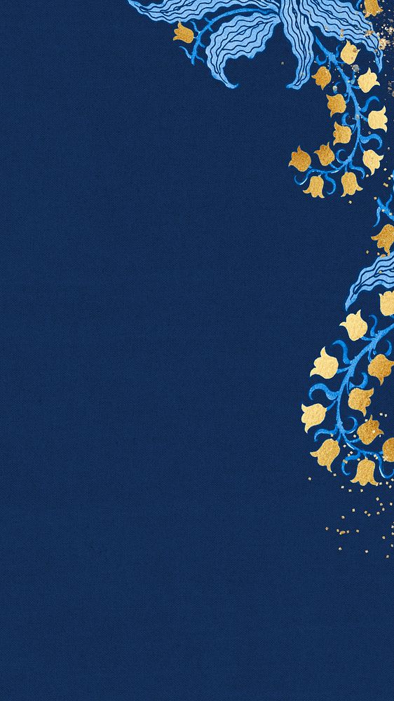 Dark blue iPhone wallpaper, gold flower design, remixed by rawpixel