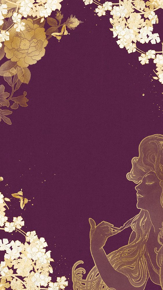 Gold floral frame mobile wallpaper, Alphonse Mucha's woman vintage illustration, remixed by rawpixel