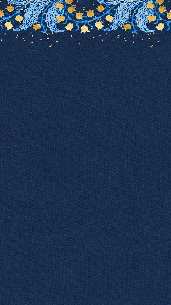 Dark blue iPhone wallpaper, gold flower border, remixed by rawpixel