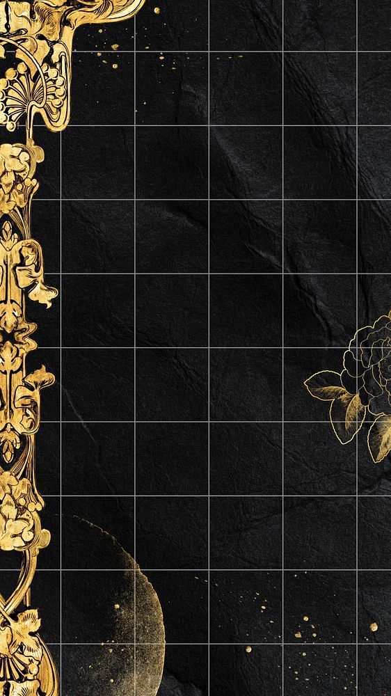 Aesthetic black iPhone wallpaper, gold pole border, remixed by rawpixel