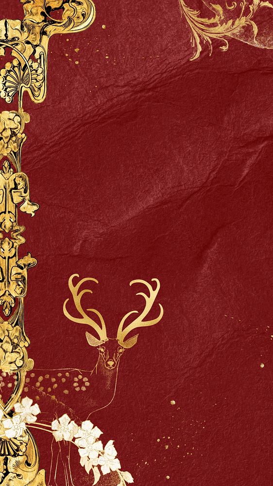 Aesthetic Christmas iPhone wallpaper, gold deer on red background, remixed by rawpixel