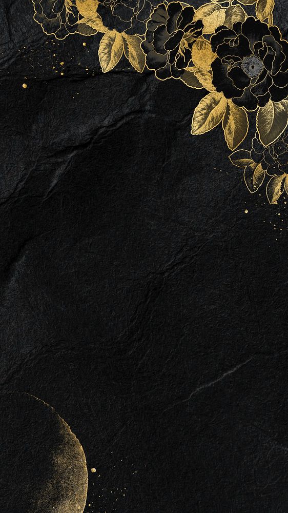 Aesthetic black iPhone wallpaper, gold floral border, remixed by rawpixel