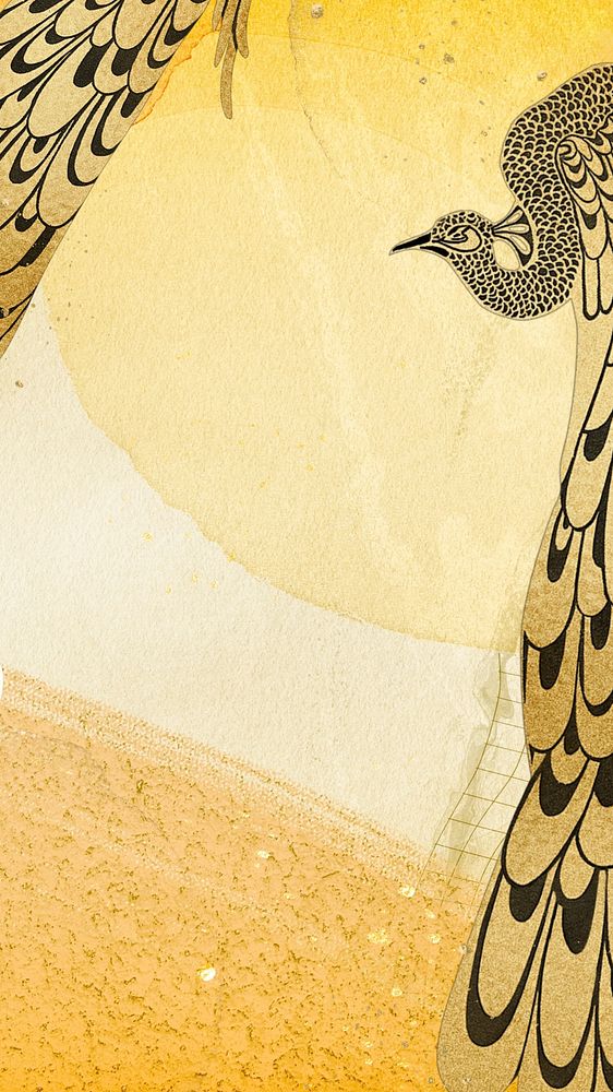 Yellow iPhone wallpaper, gold peacock border illustration, remixed by rawpixel