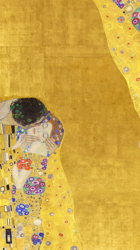 Klimt's The Kiss iPhone wallpaper, vintage yellow background, remixed by rawpixel