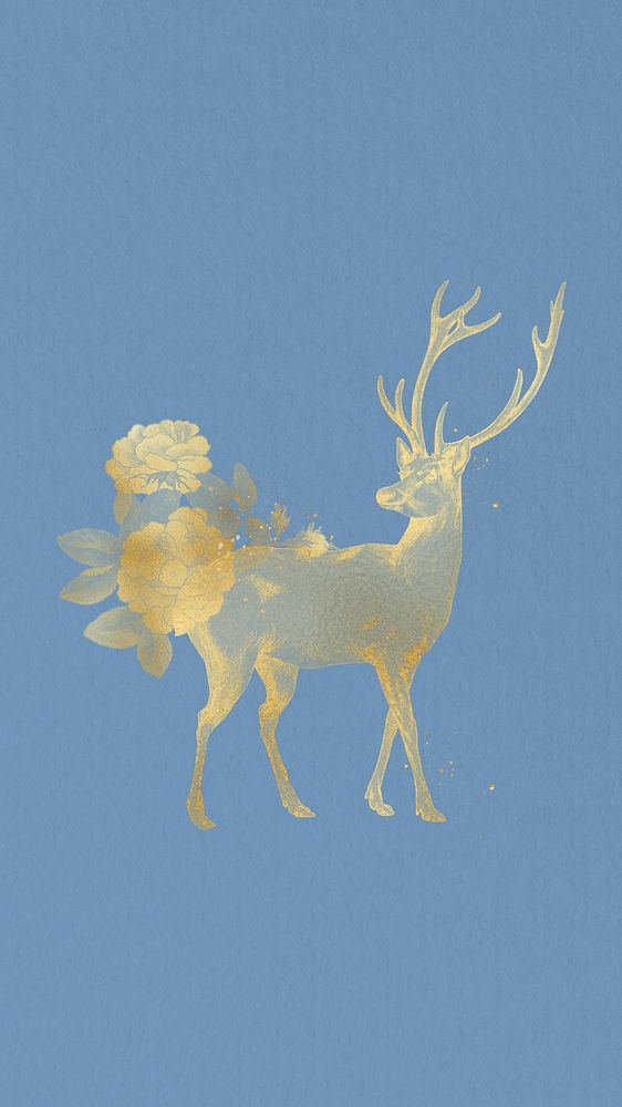 Aesthetic gold stag iPhone wallpaper, blue design, remixed by rawpixel