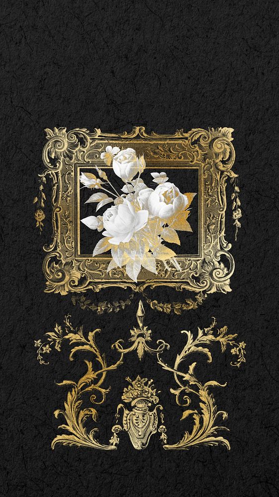 Aesthetic rose iPhone wallpaper, gold flower picture frame, remixed by rawpixel